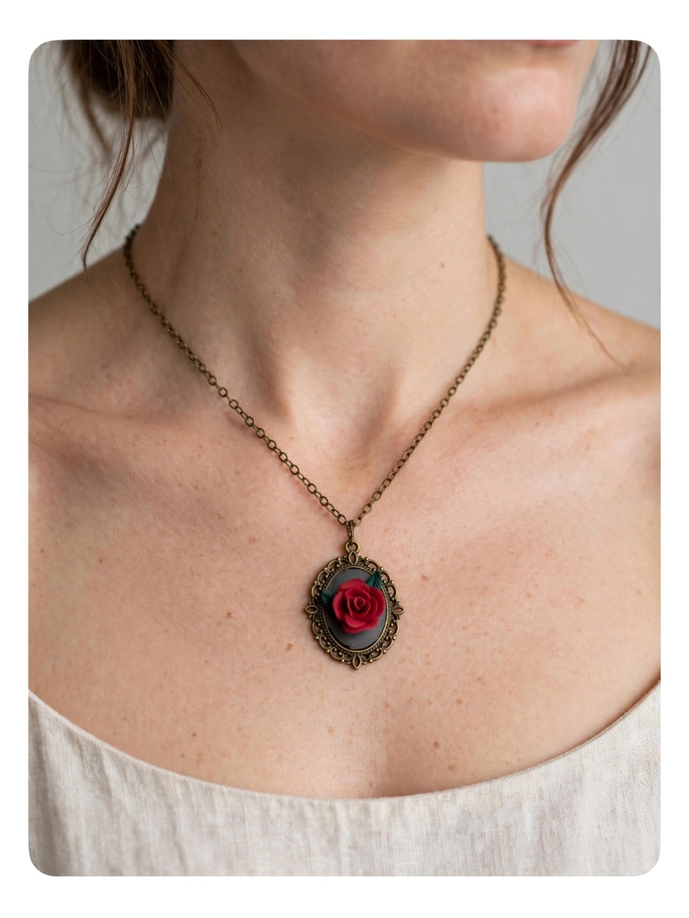 Handmade Red Rose Cameo
Necklace, Polymer Clay Flower pendant Victorian gothic